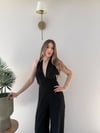 Boyundan Bağlamali Keten Tulum Siyah 2285