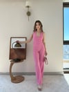Boyundan Geçmeli Sırt Dekolte Detay Bluz ve Pantolonlu Gofre İkili Takım Pembe 2325