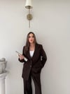Çift Düğme Detay Blazer Ceket Ve Palazzo Pantolonlu İkili Kumaş Takım Kahve 2059