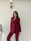 Çift Düğme Detay Pensli Blazer Ceket Ve Pantolonlu İkili Kumaş Takım Bordo 2100