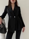 Çift Düğme Detay Pensli Blazer Ceket Ve Pantolonlu İkili Kumaş Takım Siyah 2100