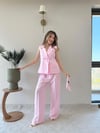 Çift Düğme Detay Yelek ve Pantolonlu Tensel Kumaş İkili Takım Pembe 2226