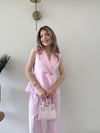 Çift Düğme Detay Yelek ve Pantolonlu Tensel Kumaş İkili Takım Pembe 2226