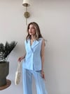 Çift Düğme Detay Yelek ve Pantolonlu Tensel Kumaş İkili Takım Mavi 2226