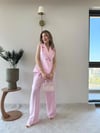 Çift Düğme Detay Yelek ve Pantolonlu Tensel Kumaş İkili Takım Pembe 2226