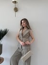 Çift Düğme Detay Yelek ve Pantolonlu Tensel Kumaş İkili Takım Vizon 2226