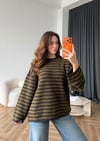 Çizgili Bisiklet Yaka Oversize Yumoş Dokulu Kazak Kahve Yeşil 2582