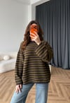 Çizgili Bisiklet Yaka Oversize Yumoş Dokulu Kazak Kahve Yeşil 2582