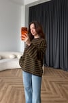Çizgili Bisiklet Yaka Oversize Yumoş Dokulu Kazak Kahve Yeşil 2582