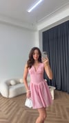 Çizgili Ön ve Arka V Yaka Etek Volanlı Gofre Elbise Pembe 2391