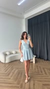 Çizgili Ön ve Arka V Yaka Etek Volanlı Gofre Elbise Bebe Mavi 2391