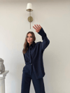 Çizgili Oversize Gömlek Ve Pantolonlu İkili Crep Takım Lacivert