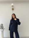 Çizgili Oversize Gömlek Ve Pantolonlu İkili Crep Takım Lacivert