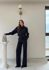 Çizgili Oversize Gömlek Ve Pantolonlu İkili Crep Takım Lacivert