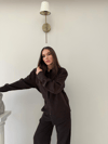 Çizgili Oversize Gömlek Ve Pantolonlu İkili Crep Takım Kahverengi