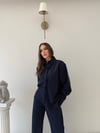 Çizgili Oversize Gömlek Ve Pantolonlu İkili Crep Takım Lacivert