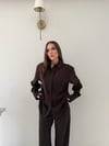 Çizgili Oversize Gömlek Ve Pantolonlu İkili Crep Takım Kahverengi