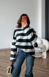 Çizgili Oversize Sweat Beyaz Lacivert 2525