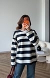 Çizgili Oversize Sweat Beyaz Siyah 2525