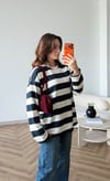 Çizgili Oversize Sweat Beyaz Siyah 2525