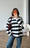 Çizgili Oversize Sweat Beyaz Siyah 2525