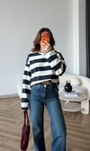 Çizgili Oversize Sweat Beyaz Siyah 2525
