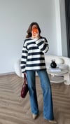 Çizgili Oversize Sweat Beyaz Siyah 2525