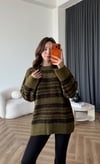 Çizgili Oversize Yumoş Dokulu Kazak Haki 2567