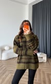 Çizgili Oversize Yumoş Dokulu Kazak Haki 2567