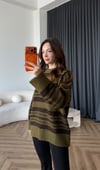 Çizgili Oversize Yumoş Dokulu Kazak Haki 2567