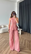 Çizgili Volanlı Bluz ve Pantolonlu İkili Takım Pembe Vizon 2384