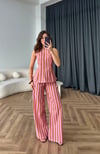 Çizgili Volanlı Bluz ve Pantolonlu İkili Takım Pembe Vizon 2384