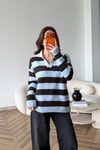 Çizgili Yakalı Oversize Triko Mavi Kahve 2531