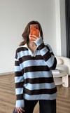 Çizgili Yakalı Oversize Triko Mavi Kahve 2531