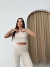 CROP VE PANTOLONLU BEL BAĞCIKLI TRİKO İKİLİ TAKIM KREM