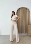 CROP VE PANTOLONLU BEL BAĞCIKLI TRİKO İKİLİ TAKIM KREM