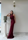 Degaje Yaka Dantel Detay Sıfır Kol Uzun Sandy Elbise Bordo 2089