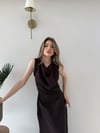 Degaje Yaka Uzun Keten Elbise Acı Kahve 2278