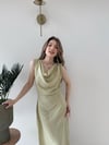 Degaje Yaka Uzun Keten Elbise Haki 2278