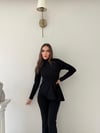 Dik Yaka Bel Asimetrik Drape Detay Bluz Ve Pantolonlu Crep İkili Takım Siyah