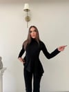 Dik Yaka Bel Asimetrik Drape Detay Bluz Ve Pantolonlu Crep İkili Takım Siyah