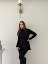 Dik Yaka Bel Asimetrik Drape Detay Bluz Ve Pantolonlu Crep İkili Takım Siyah