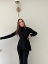 Dik Yaka Bel Asimetrik Drape Detay Bluz Ve Pantolonlu Crep İkili Takım Siyah