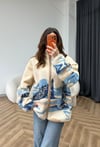 Dik Yaka Desenli Polar Hırka Krem Mavi 2548
