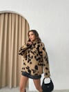 DİK YAKA İSPANYOL KOL LEOPAR DESEN TRİKO KAHVE
