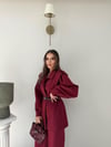 Dik Yaka Omuz Apolet Detay Bel Kemerli Ceket ve Pantolonlu Double Kumaş İkili Takım Bordo 2096