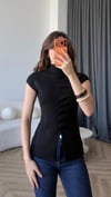 Dik Yaka Ön Pileli Düğme Detay Triko Bluz Siyah 2411