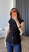 Dik Yaka Ön Pileli Düğme Detay Triko Bluz Siyah 2411
