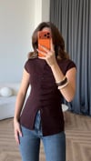 Dik Yaka Ön Pileli Düğme Detay Triko Bluz Kahve 2411