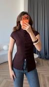 Dik Yaka Ön Pileli Düğme Detay Triko Bluz Kahve 2411